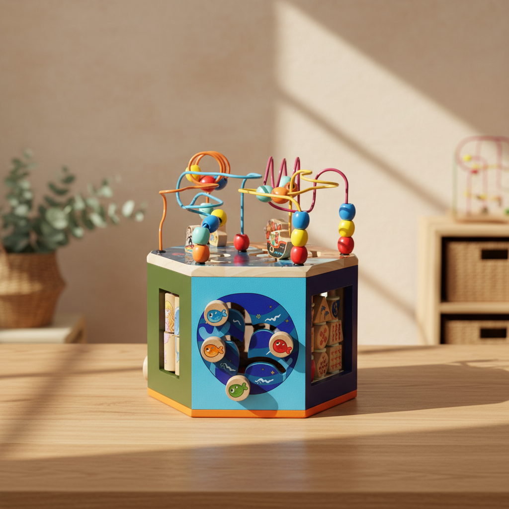 Wooden Activity Cube | Bead Maze, Shape Sorter & Learning Toy
