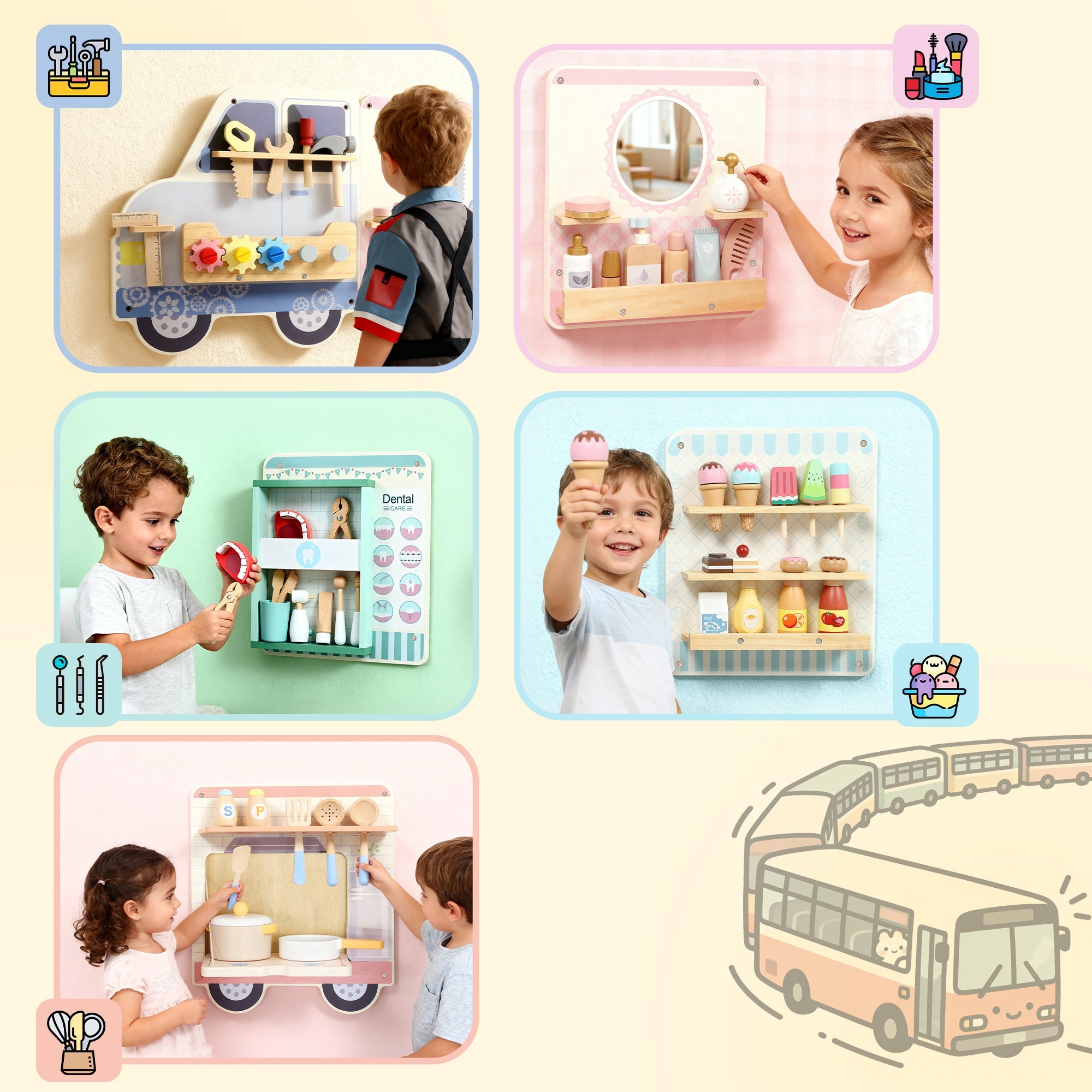 Wooden Busy Board, 5 In 1 Activity Wall Panels For Kids 3Years, For Daycare, Playroom, Home - Tiny Explorers Club