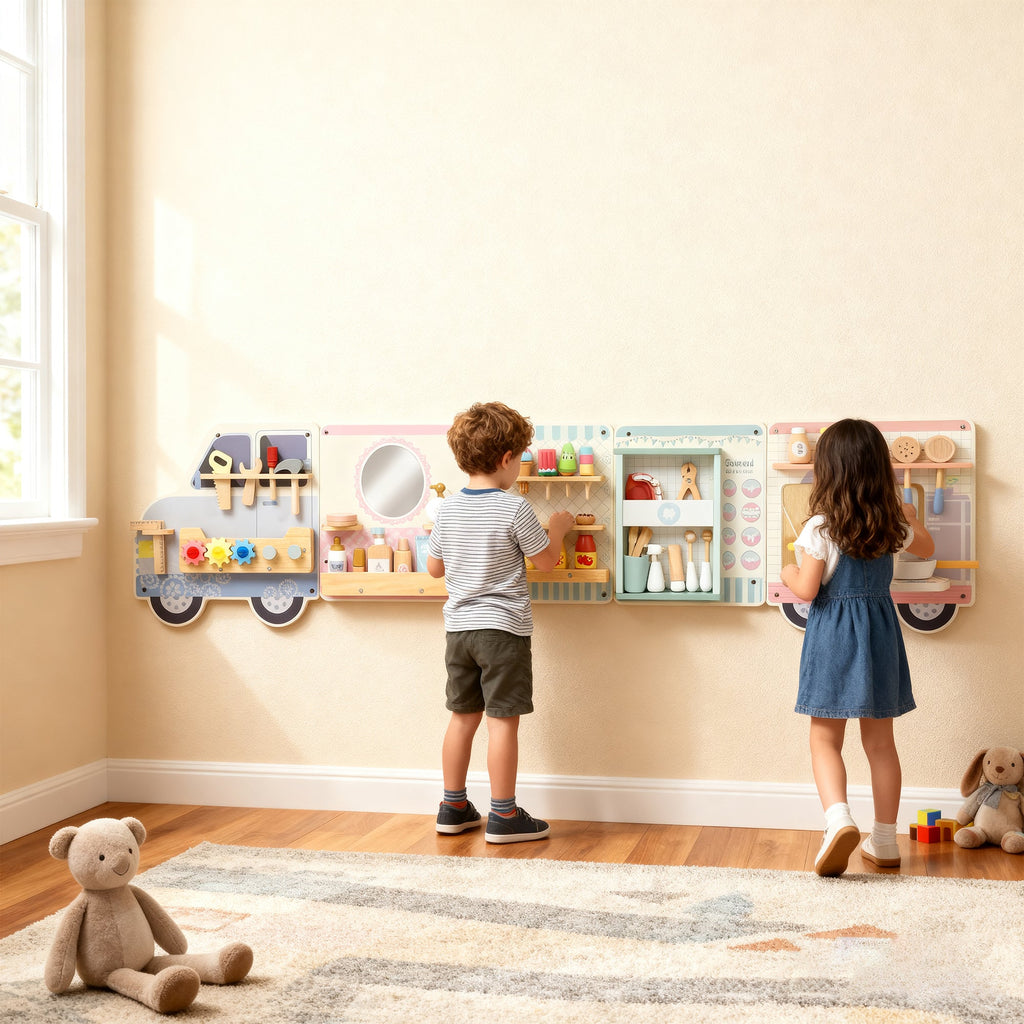 Wooden Busy Board, 5 In 1 Activity Wall Panels For Kids 3Years, For Daycare, Playroom, Home - Tiny Explorers Club