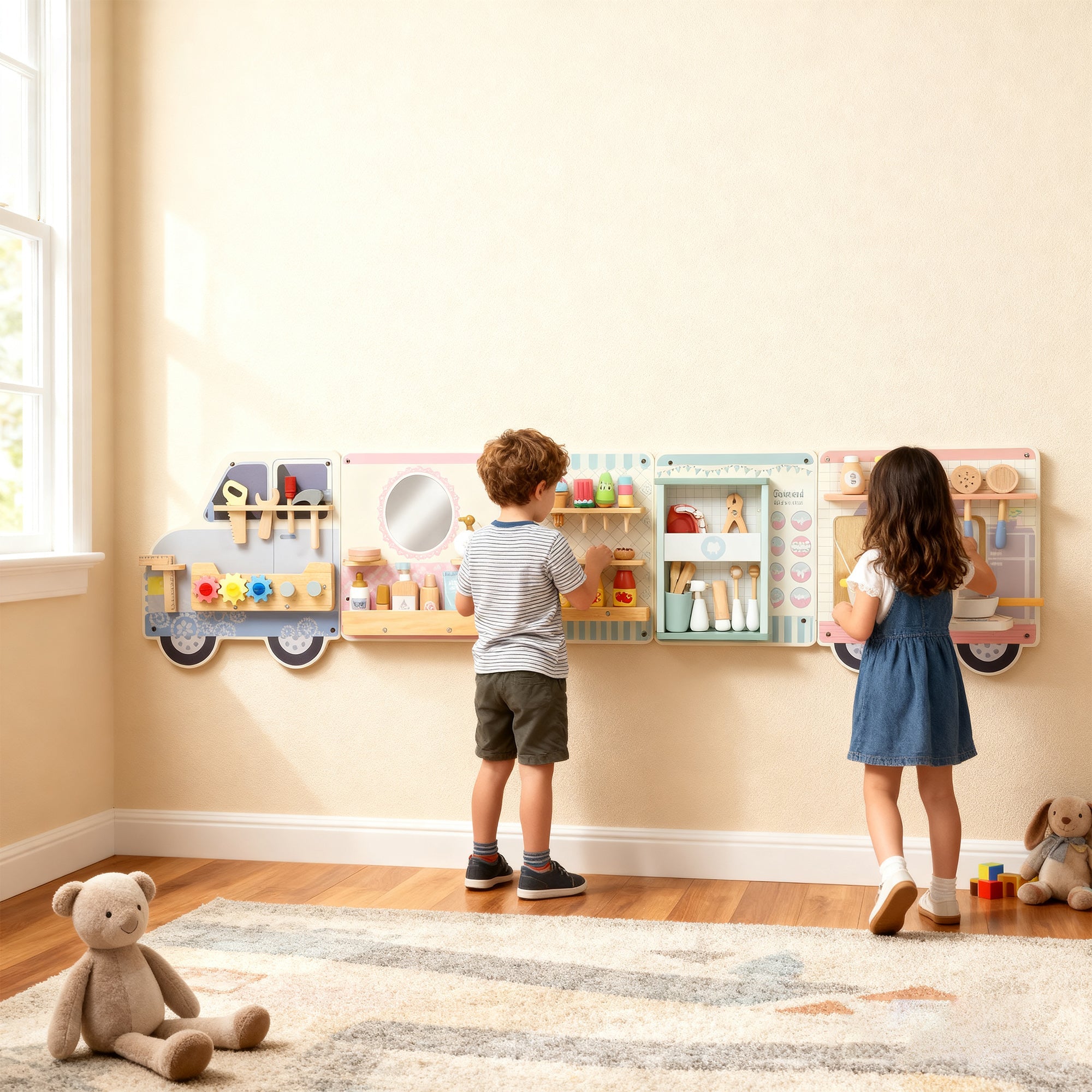 Wooden Busy Board, 5 In 1 Activity Wall Panels For Kids 3Years, For Daycare, Playroom, Home - Tiny Explorers Club