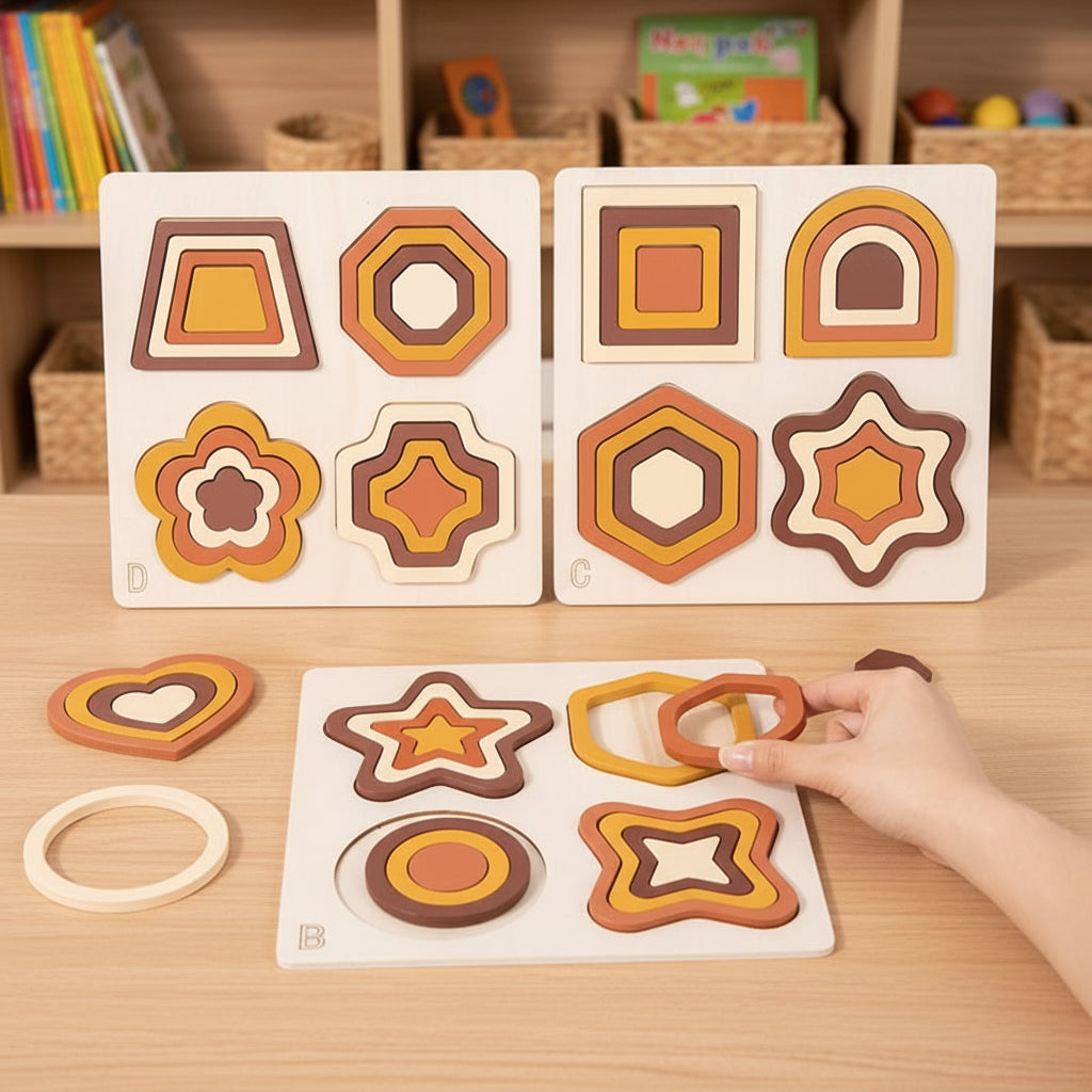 Wooden Geometric Shapes Game Montessori Jigsaw - Tiny Explorers Club