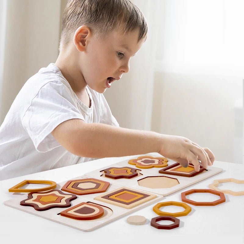 Wooden Geometric Shapes Game Montessori Jigsaw - Tiny Explorers Club