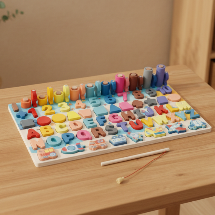 Wooden Alphabet Puzzle Board | ABC, Numbers, Shapes, Vehicles & Magnetic Fishing Toy