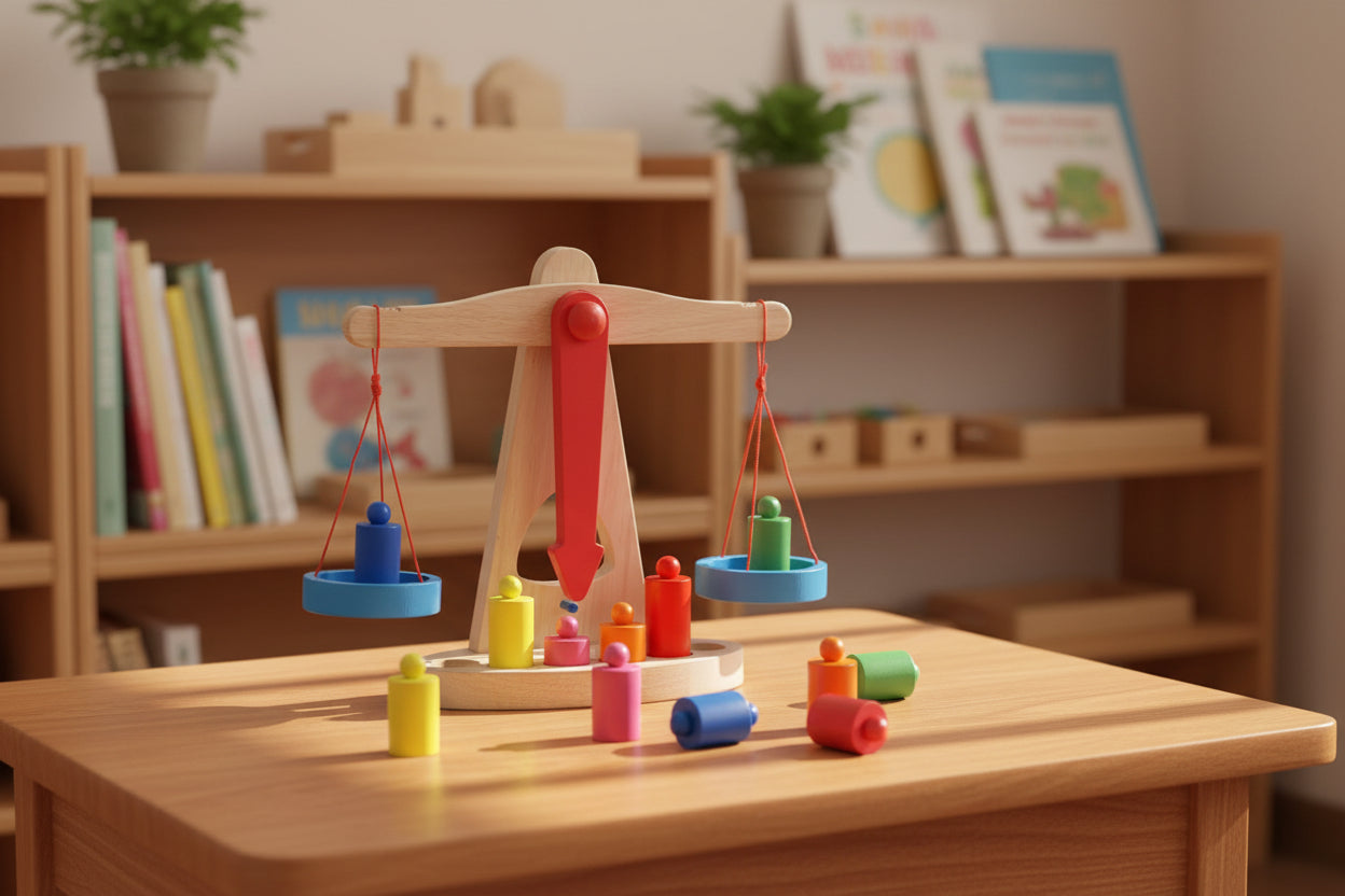 Wooden scales for measuring and weighing - Montessori Maths resources for Children's Learning - Tiny Explorers Club