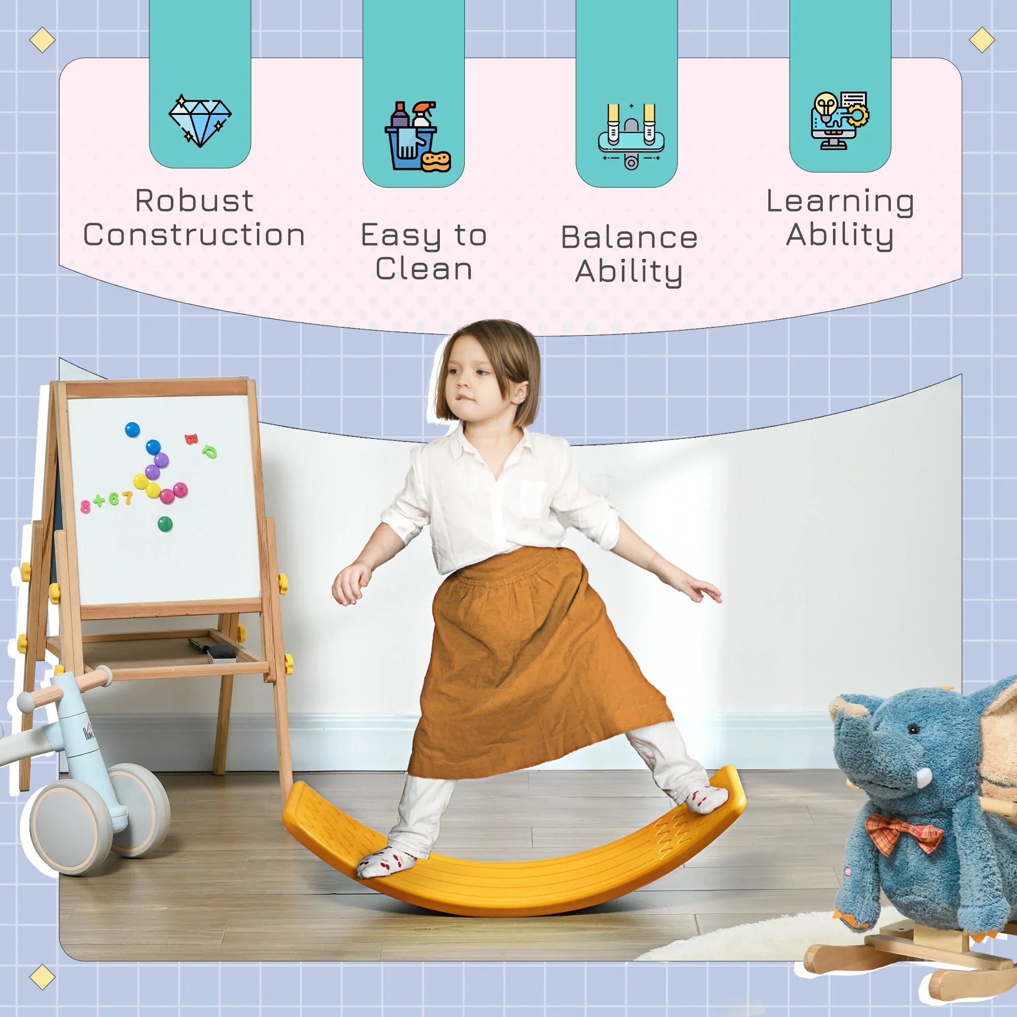 ZONEKIZ Balance Board Kids Wobble Board, Stepping Stone, Montessori Toy For Children, Nursery Toy, For Ages 3-6 Years, 82 X 27.5 X 19.5cm - Orange - Tiny Explorers Club